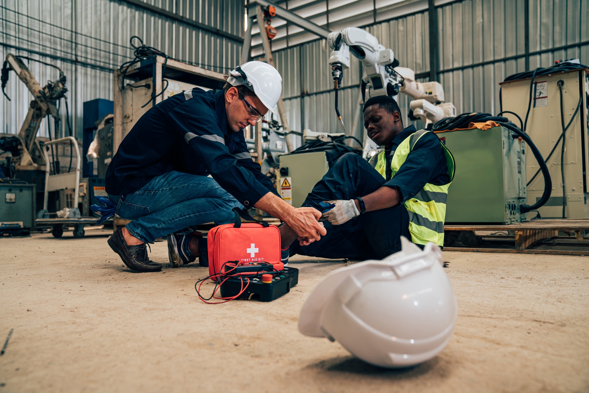 Mature foreman in workwear giving first aid to staff suffering after working injury.